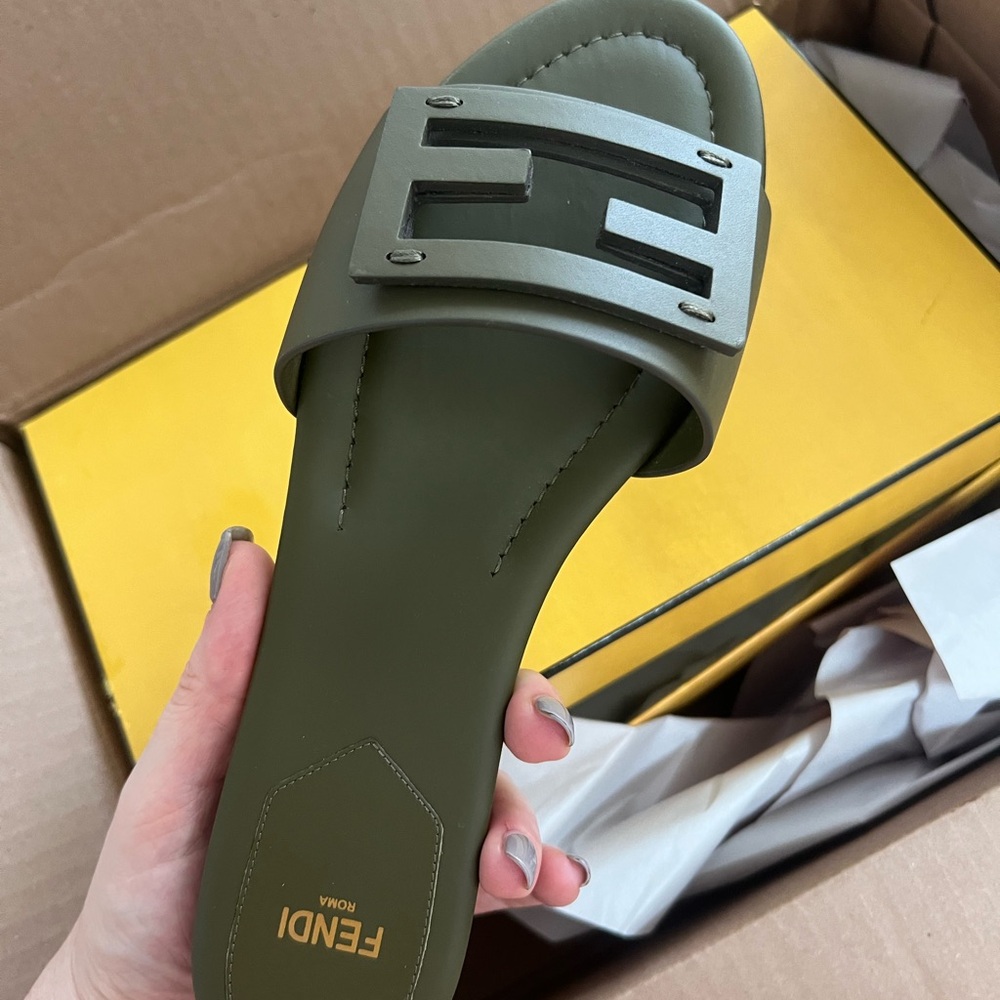 Fendi Olive Green Slide Sandals